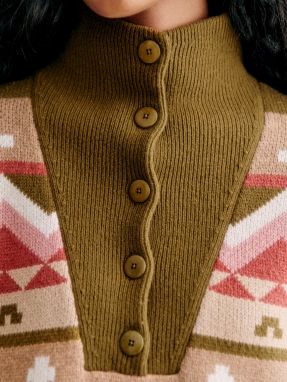Sezane Olive and Pink Fair Isle Button-Neck Sweater NWT